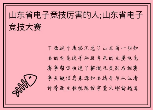 山东省电子竞技厉害的人;山东省电子竞技大赛